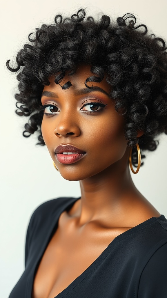 A woman with a curly bob hairstyle, showcasing her natural curls and wearing bold earrings.