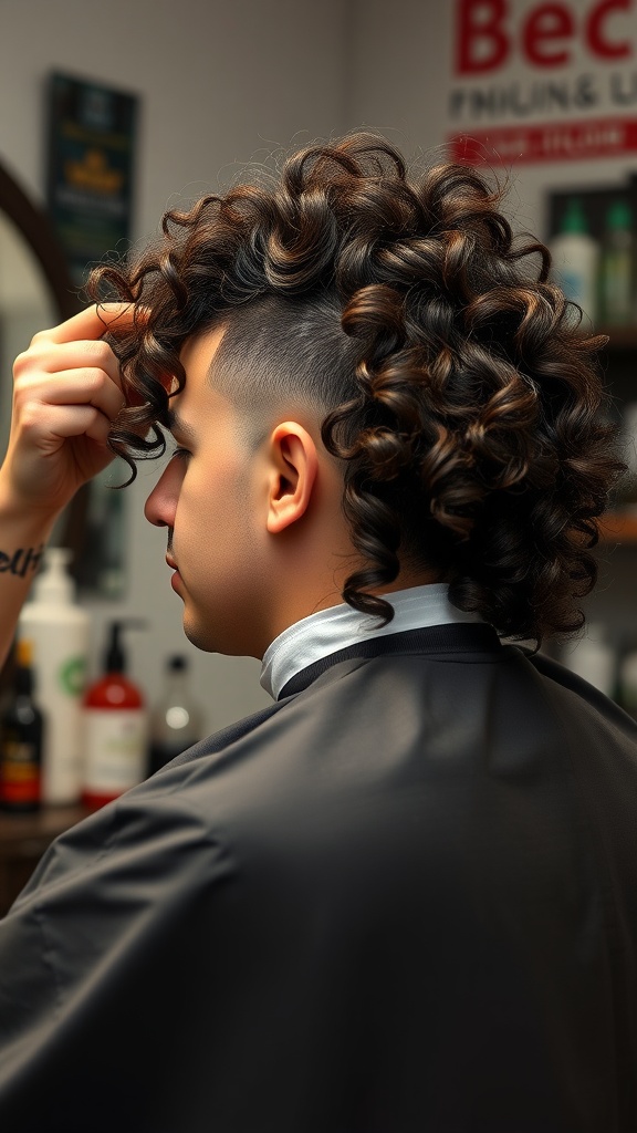 A person with a curly mullet hairstyle in a barber shop, showcasing defined curls and a fresh cut.