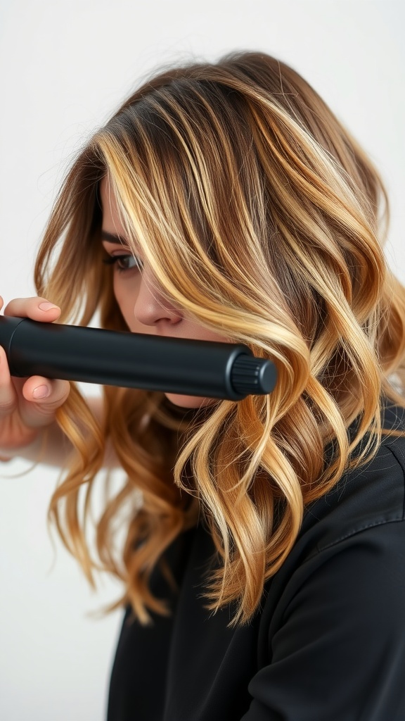 A woman styling her hair with a curling wand, showcasing a soft mullet hairstyle.