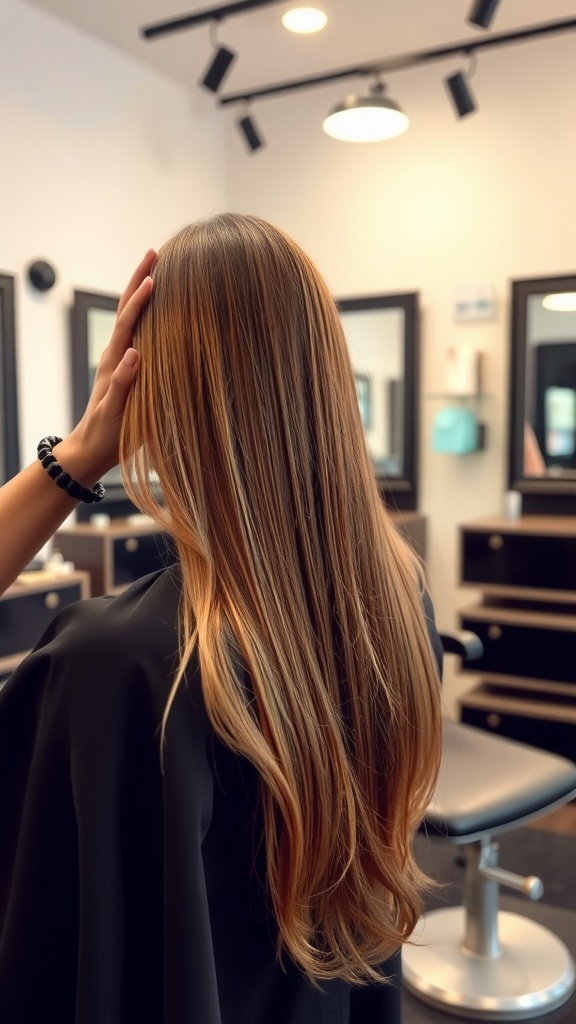 A woman showing off her long mullet hairstyle in a salon setting