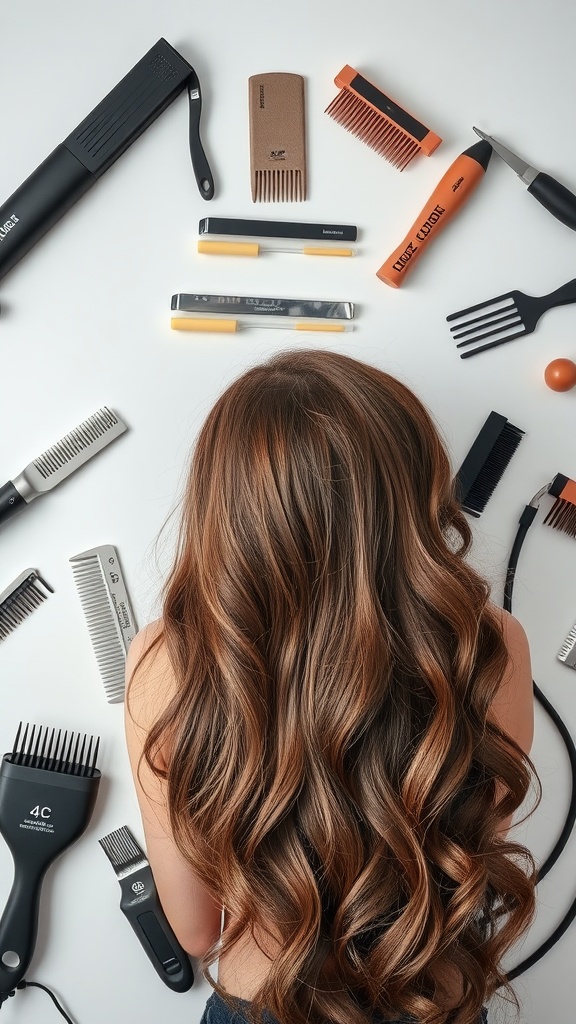 An array of styling tools for 4c hair, including combs and brushes, laid out on a surface with a person with wavy hair in the background.