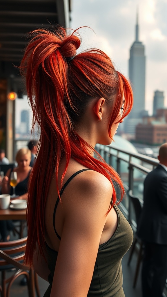 A woman with a stylish red ponytail and side-swept hair stands outdoors, with a city skyline in the background.