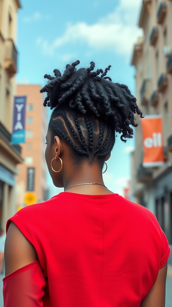 A woman with a stylish twist-out hairstyle, featuring defined curls and braids, standing in an urban setting.