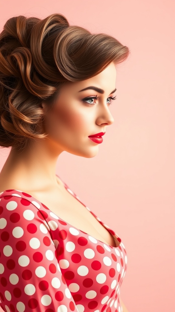 A woman with vintage pin-up waves hairstyle, wearing a polka dot dress, against a pink background.