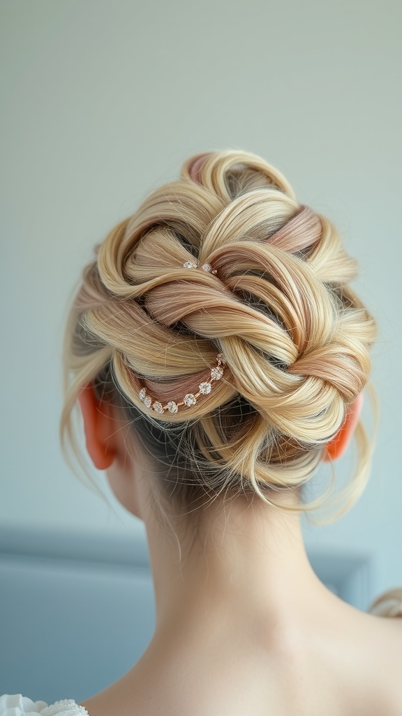 A sweet twisted updo hairstyle with pastel colors and delicate hair accessories.