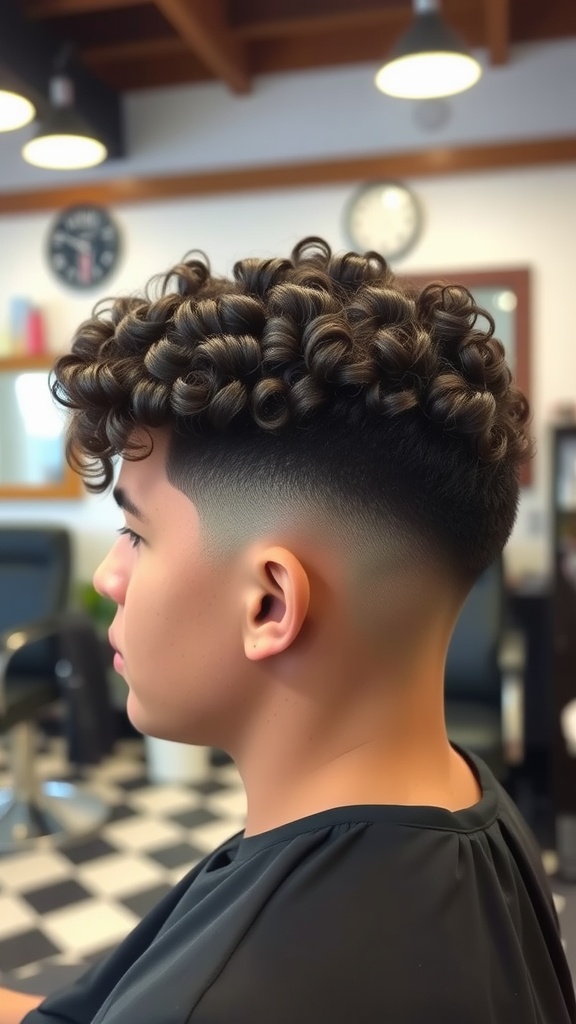 A young person with a tapered short curly haircut, showcasing defined curls on top and a clean fade on the sides.