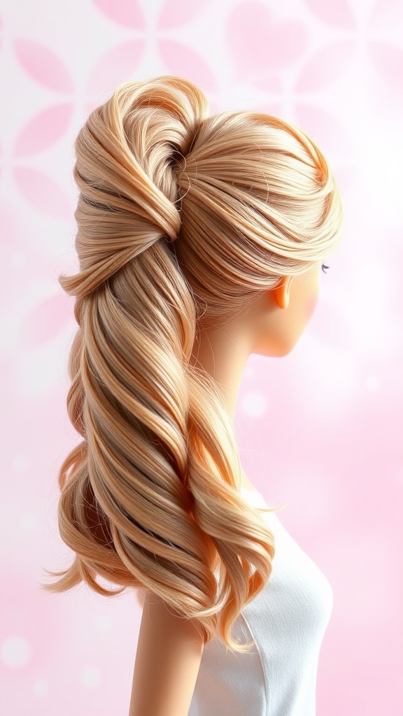 A textured Barbie ponytail hairstyle with soft waves and a stylish twist.