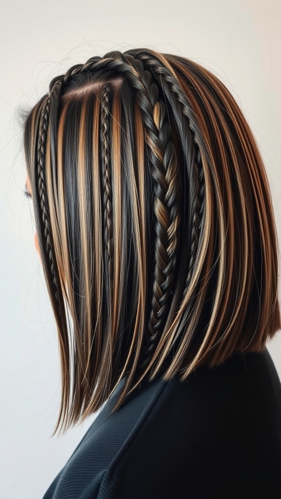 Textured bob braids hairstyle with dark and light tones.
