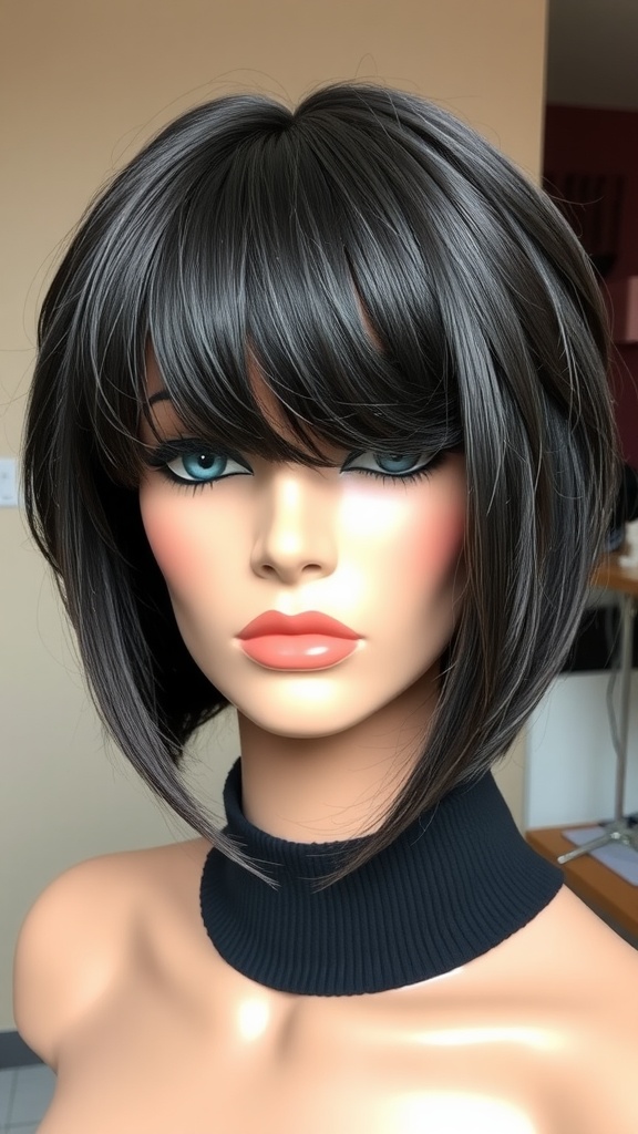 A mannequin displaying a textured bob hairstyle with bangs.