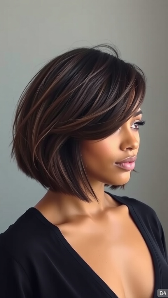 A woman with a textured bob hairstyle featuring a side part, showcasing natural hair