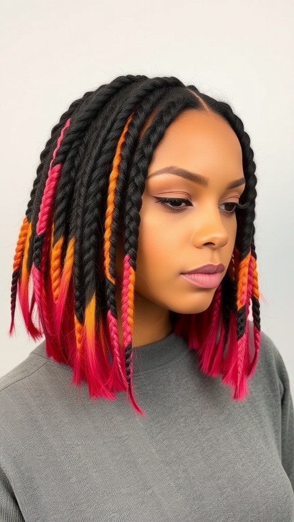 A woman with a textured bob hairstyle featuring twist braids in vibrant colors.