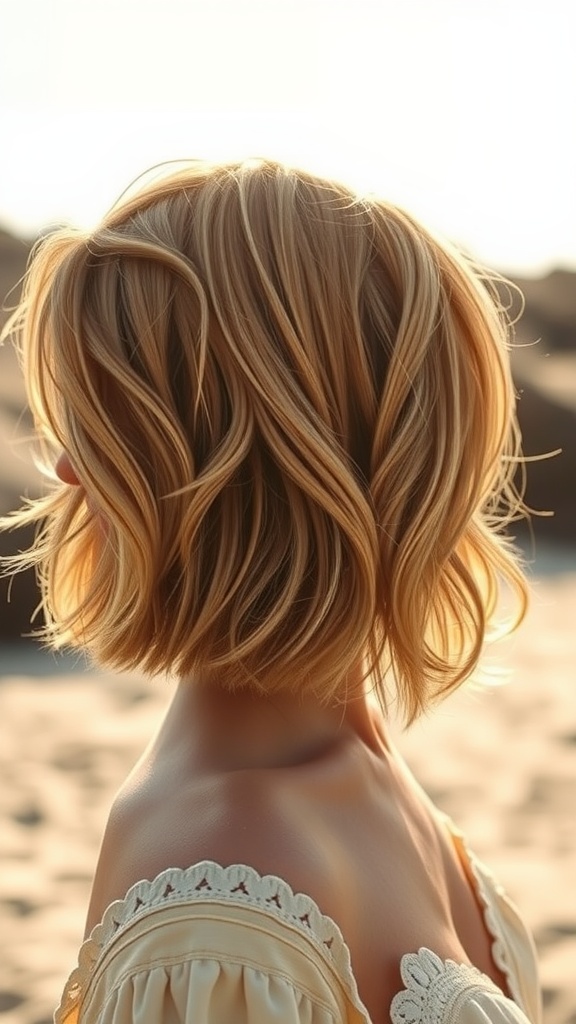 A woman with a textured bob hairstyle, featuring soft waves, seen from the back.