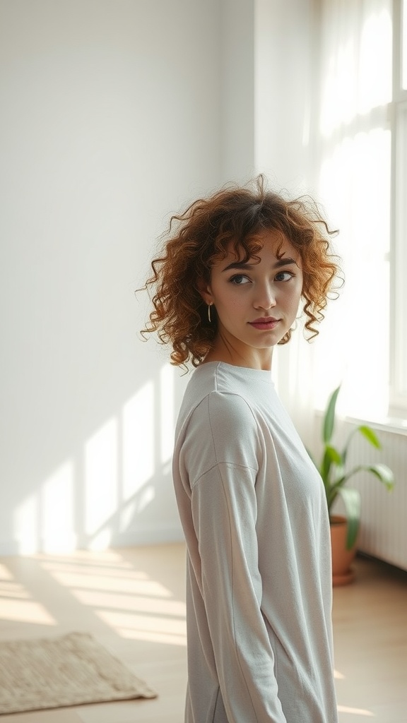A woman with curly hair and curtain bangs standing in a bright room