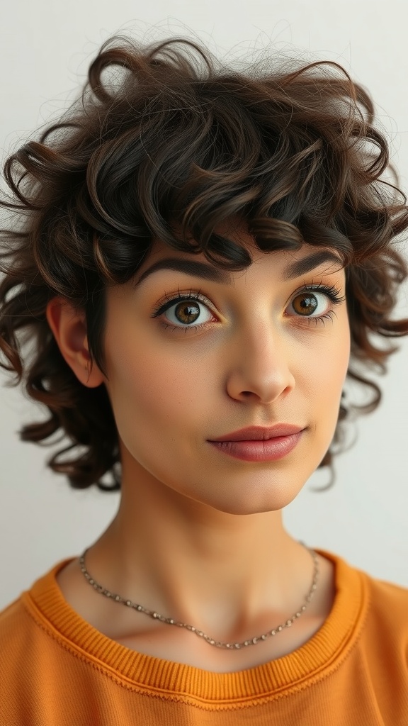A woman with textured curly bangs and bouncy curls, wearing an orange sweater.