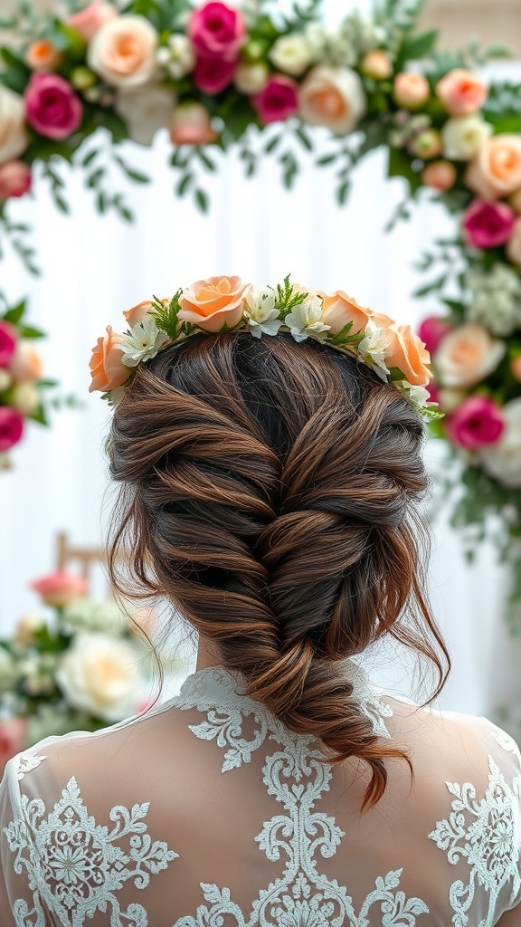 A woman with a curly braided crown hairstyle adorned with a floral crown, set against a backdrop of flowers.