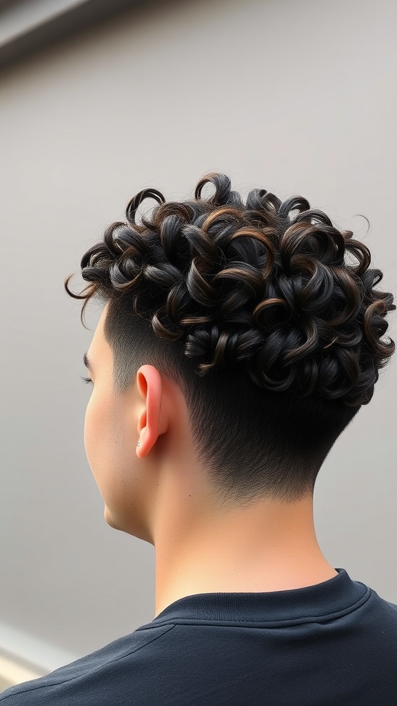 A stylish young person with a textured curly undercut hairstyle, showing defined curls on top and shorter sides.