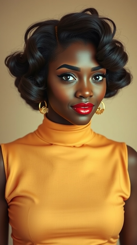 A woman with short textured finger waves hairstyle, wearing a yellow top and bold red lipstick.