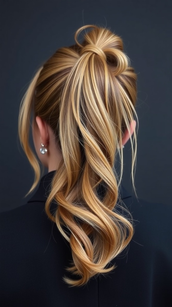 A textured high ponytail hairstyle with loose waves and smooth top, styled for a formal look