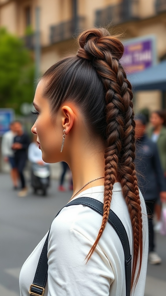 A woman with a textured high ponytail featuring braids, showcasing a stylish hairstyle in an urban setting.