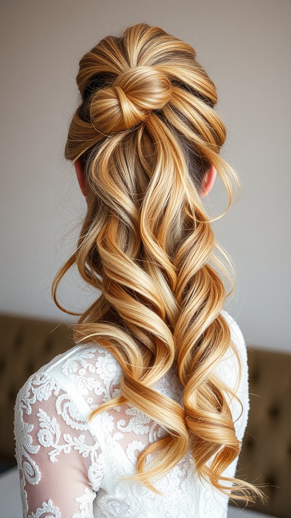 A woman with a textured high ponytail and loose waves, showcasing a romantic wedding hairstyle.