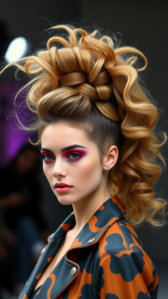 A model with a voluminous textured high ponytail, showcasing curls and vibrant makeup.