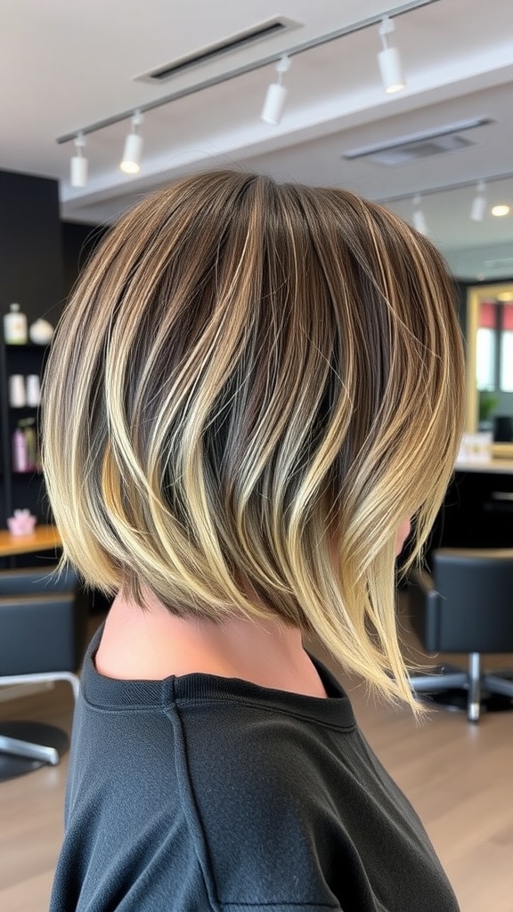 A stylish textured layered bob hairstyle with highlights, showing volume and movement.
