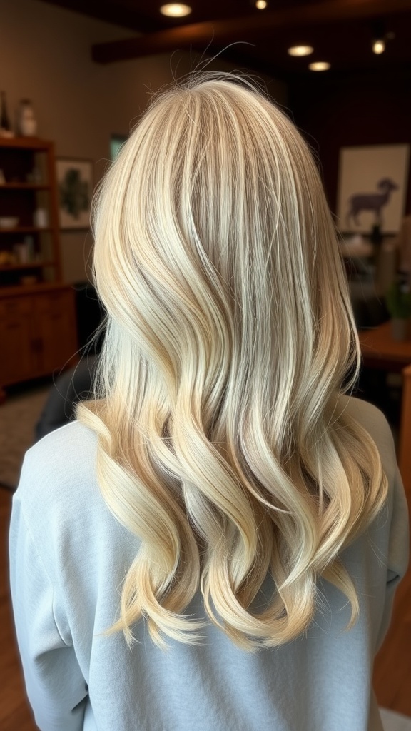 A blonde long bob hairstyle with textured layers and soft waves