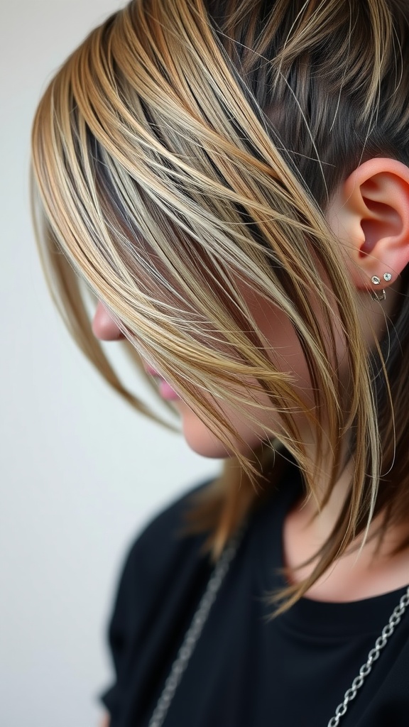 Close-up of a person with textured layers in modern mullet hairstyle