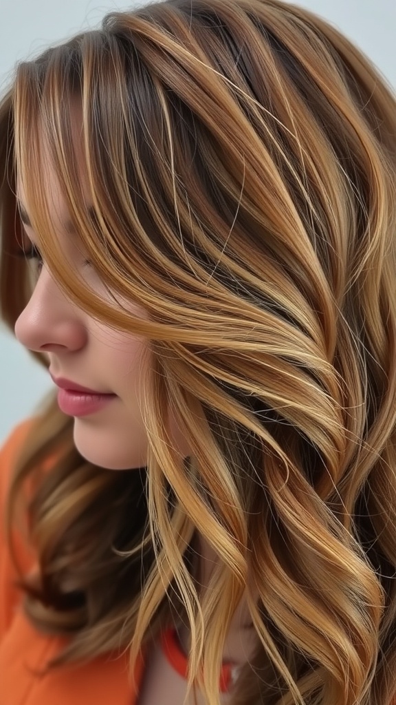 A woman with a mullet hairstyle featuring textured layers and warm hair tones.