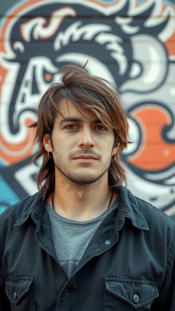 A young man with textured layers in a mullet hairstyle, standing against a colorful mural.