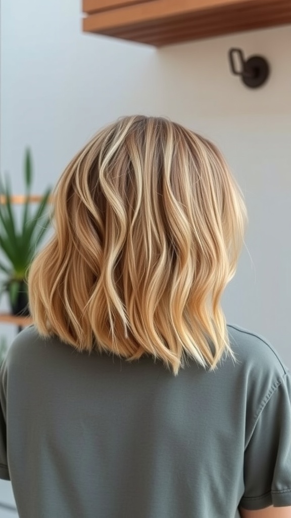 Back view of a woman with a textured lob hairstyle, showcasing soft waves and highlights.
