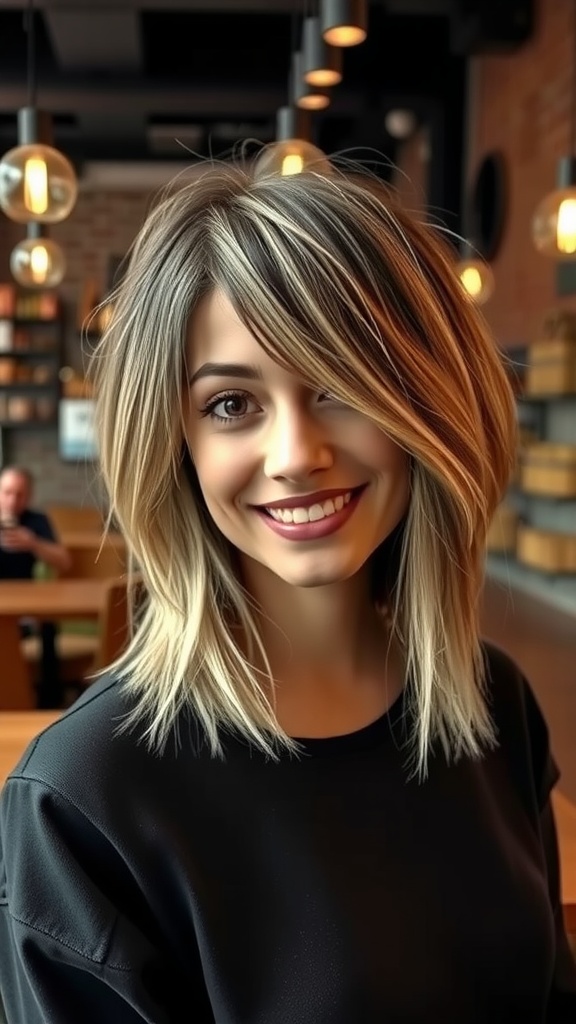 A woman with a textured lob hairstyle featuring highlights, smiling in a café.