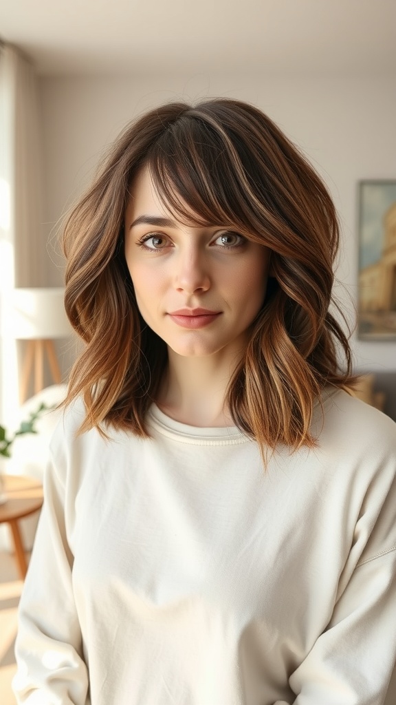 A woman with a textured lob hairstyle and soft layers, looking stylish and relaxed.