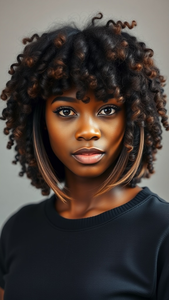 A woman with a textured long bob hairstyle featuring curls and bangs, showcasing natural beauty.