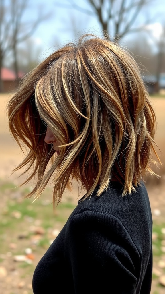 A woman with a textured long bob hairstyle featuring feathered layers.