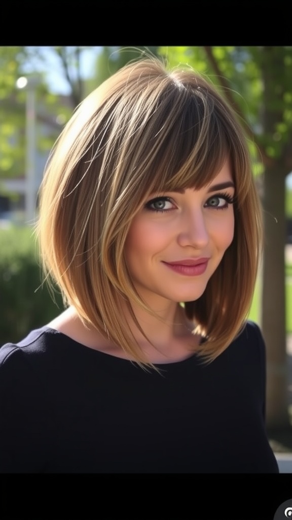 A woman with a textured long bob hairstyle and side bangs, smiling outdoors.