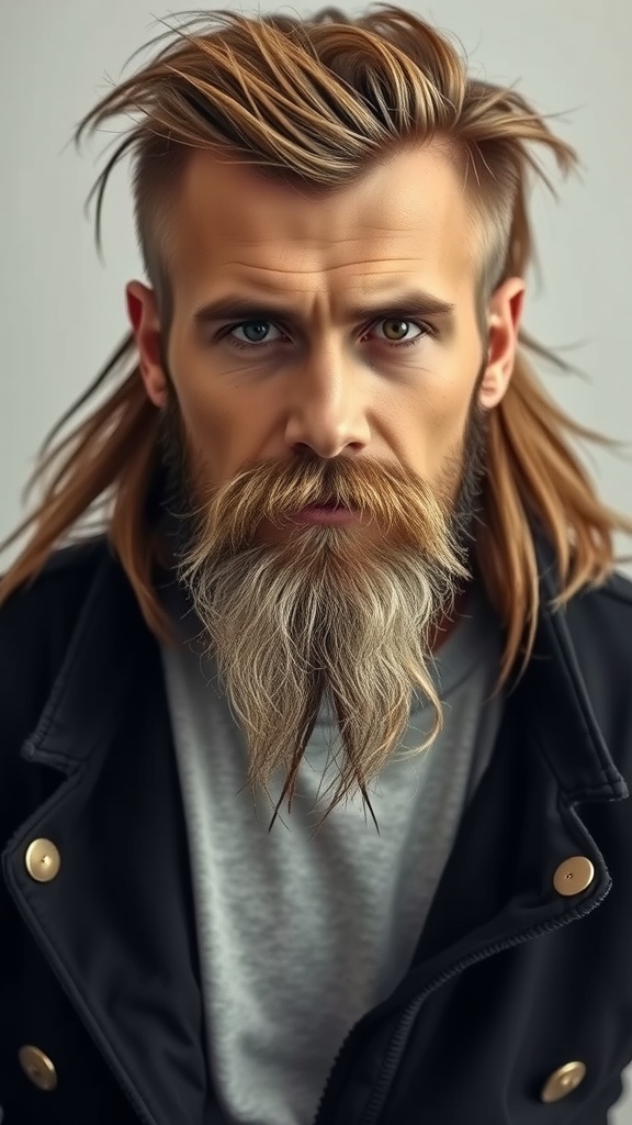 A man with a textured long mullet hairstyle and prominent sideburns, showcasing a stylish and modern look.