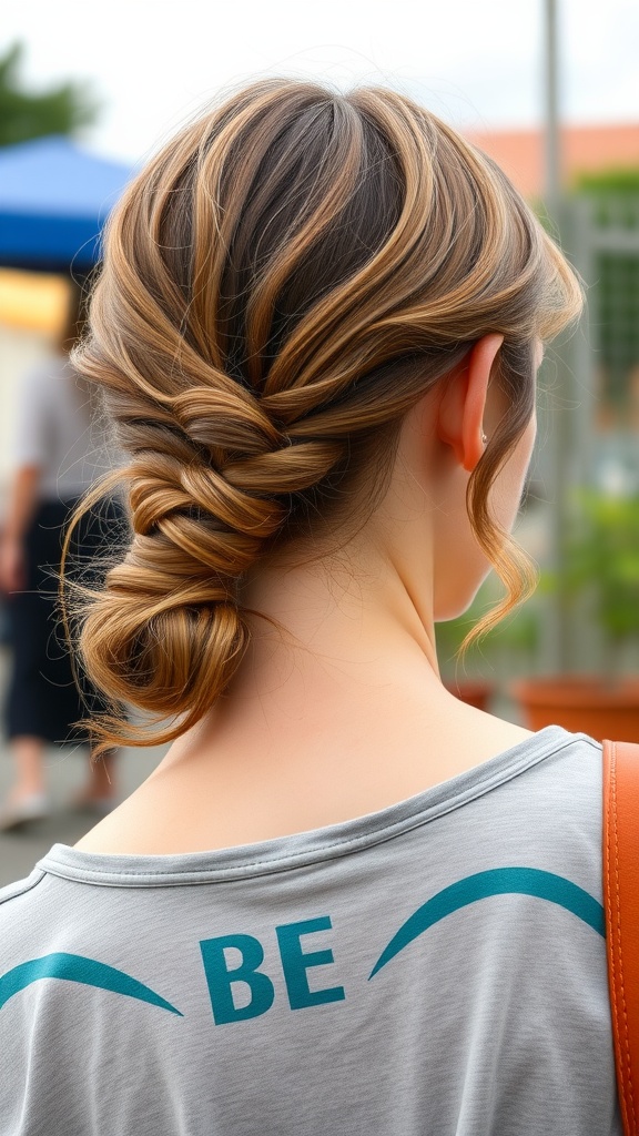 A woman with a textured low ponytail featuring soft waves, viewed from the back.