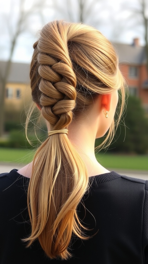 A textured mid ponytail hairstyle with a braid and hair accessories