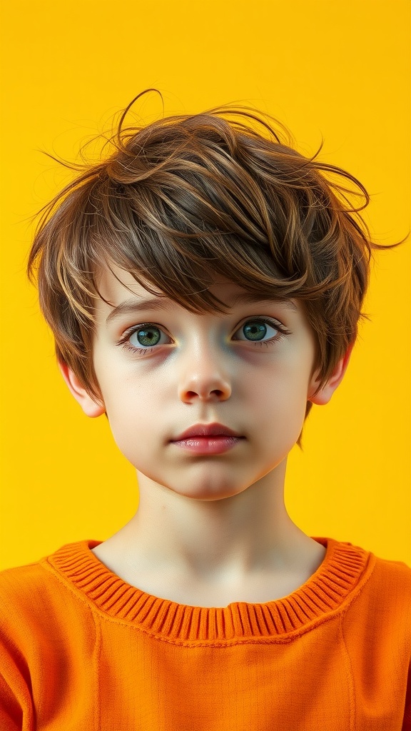 A child with a textured pixie cut, sporting a playful and stylish look against a bright yellow background.