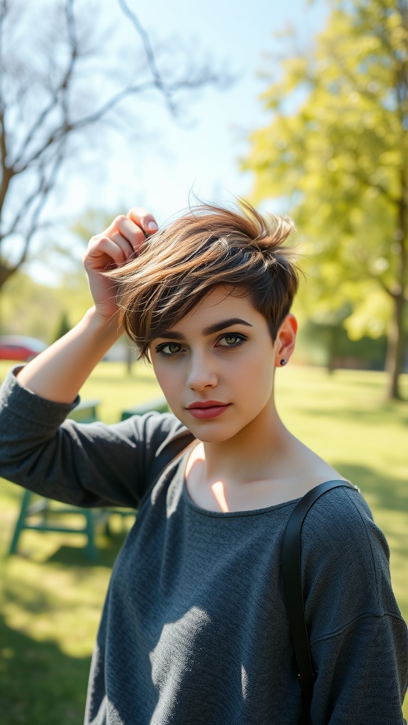 A woman with a stylish textured pixie cut, posing outdoors with a bright background.