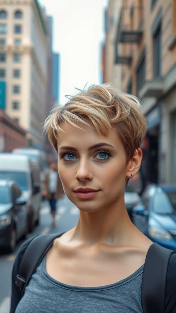 A young woman with a textured pixie cut in a city street, showcasing her short curly hairstyle.