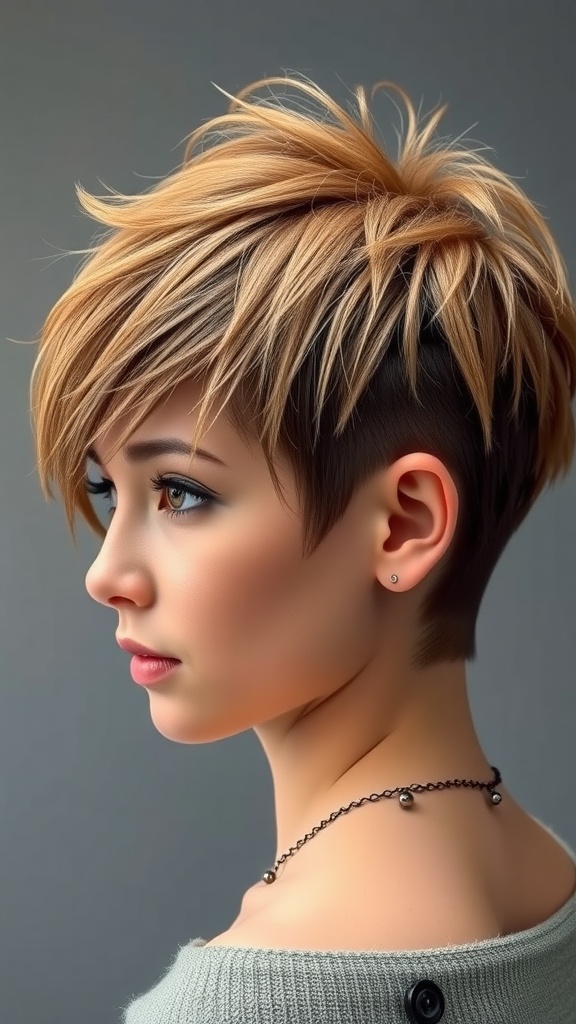 A stylish textured pixie hairstyle with an undercut, showcasing a short layered top and sleek sides.