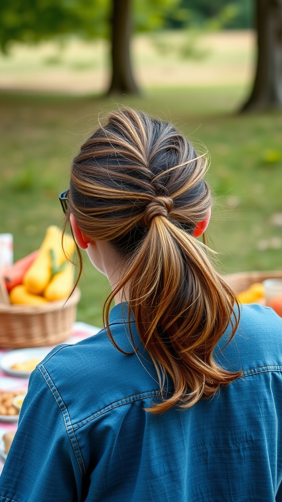 A woman with a textured ponytail hairstyle, featuring soft waves and highlights, looking at a picnic setup.