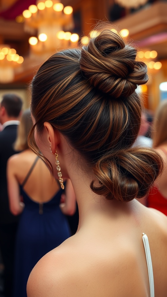 A stylish woman with a textured ponytail featuring volume, elegantly styled for a formal event.