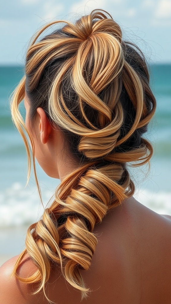 A person with a textured ponytail styled with soft waves, set against a beach background.