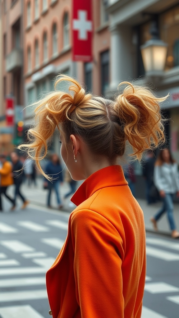 A person with two textured ponytails walking in a city, wearing an orange coat.