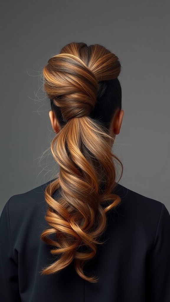Textured quick weave ponytail with soft waves and a blend of colors.