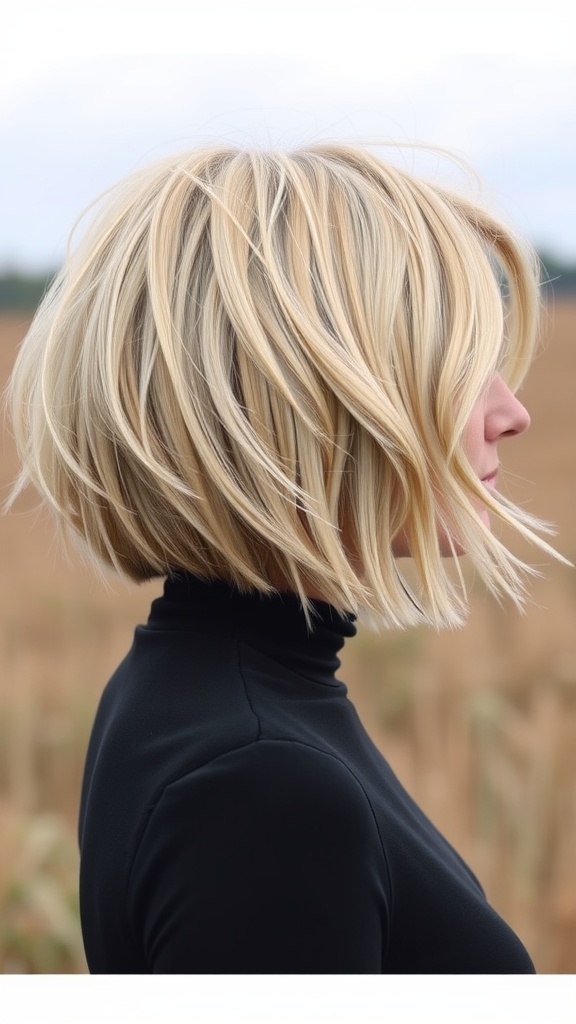 A woman with a textured short blonde bob hairstyle, standing outdoors.