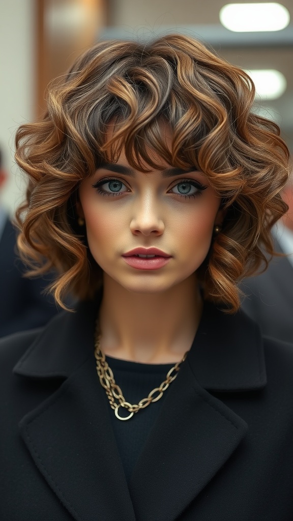 A woman with a textured short bob hairstyle featuring voluminous curls, wearing a black coat and a gold chain necklace.